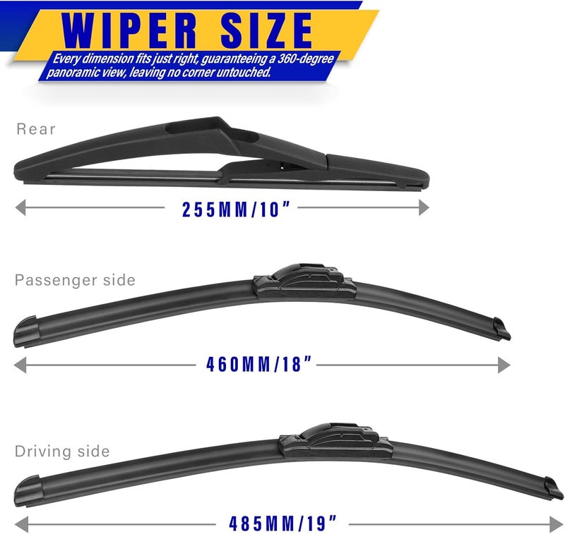 Rooppa 3 wipers Replacement for 2006-2011 Mini Cooper, Windshield Wiper Blades Original Equipment Replacement - 19"/18"/10" (Set of 3) U/J HOOK - Image 2